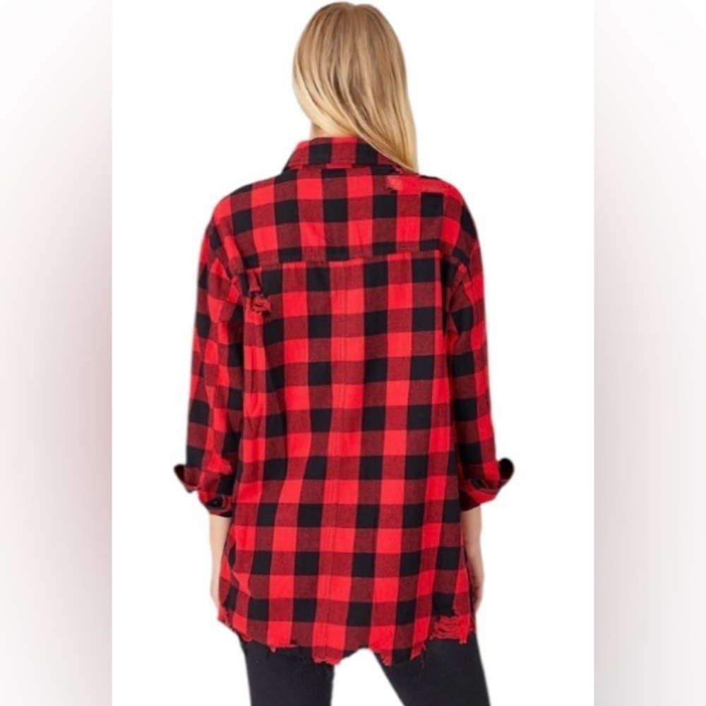 Red and Black  Distressed Plaid Button-Up Shirt - Picture 2 of 4